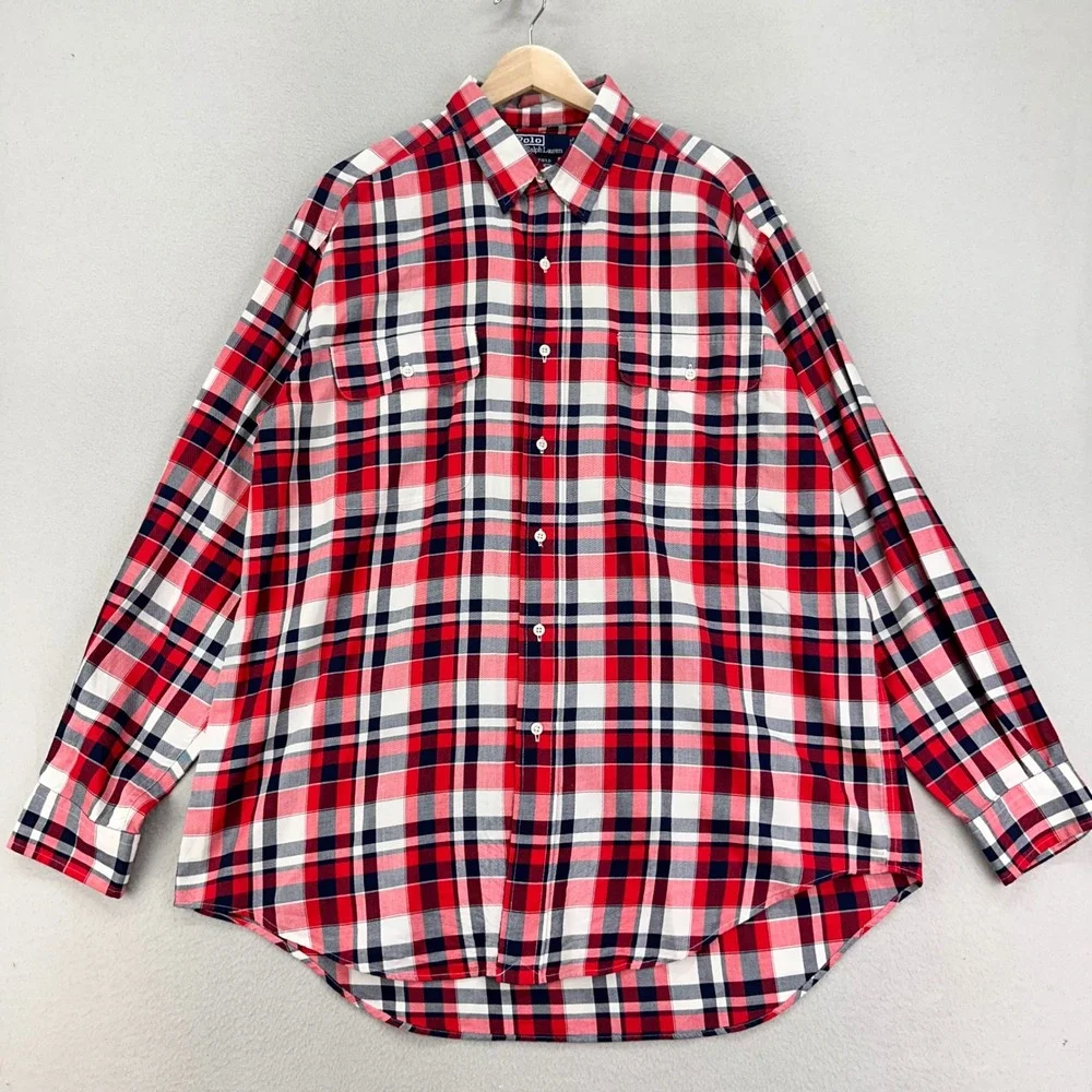 VTG Polo Ralph‎ Lauren WHITFIELD Shirt Mens Large Red Plaid Long Sleeve Cotton